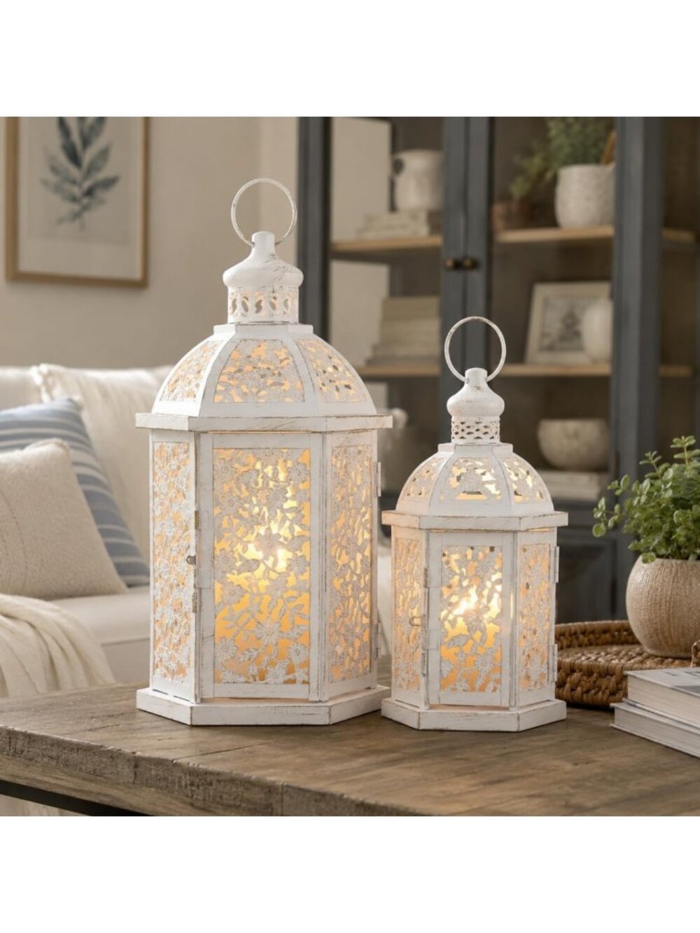 Set of 2 White Metal Lanterns - Decorative Candle Holders for Indoor & Outdoor